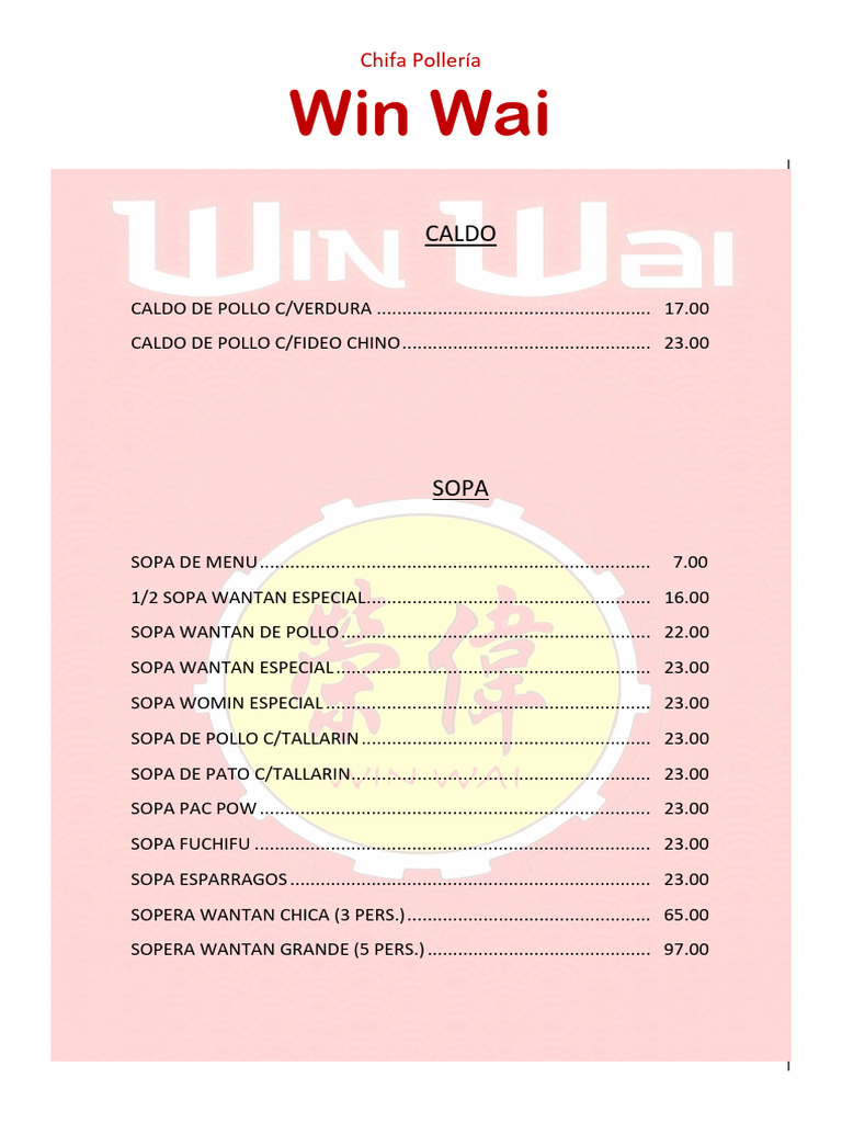 Chifa Win Wai Menu Overview | PDF | Soup | Chicken Soup