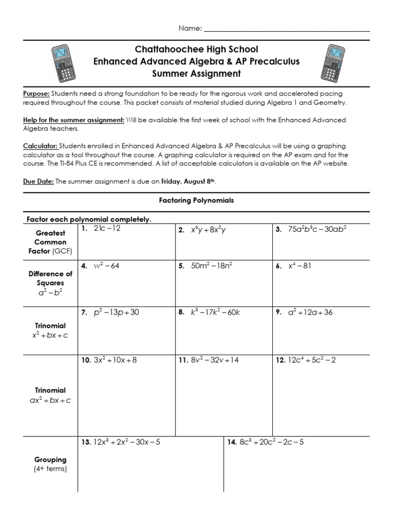 Summer Assignment for Advanced Algebra | PDF | Trigonometry | Quadratic ...