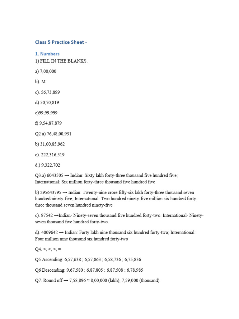 Class 5 Math Practice Sheet | PDF