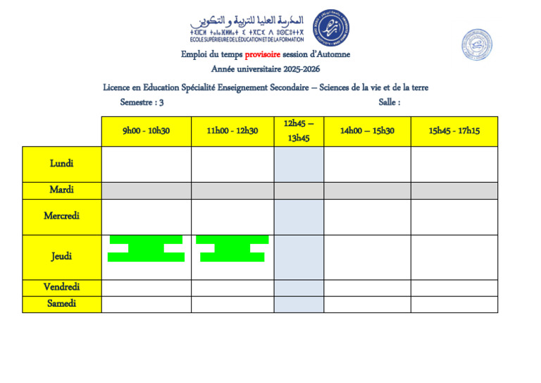 Emploi du temps Licence Sciences de la Vie 2025 | PDF | Biologie