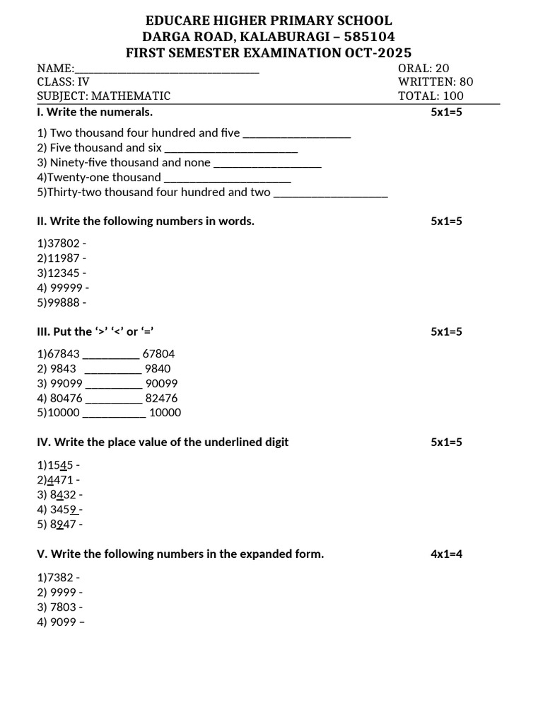 Class IV Mathematics Exam Paper | PDF