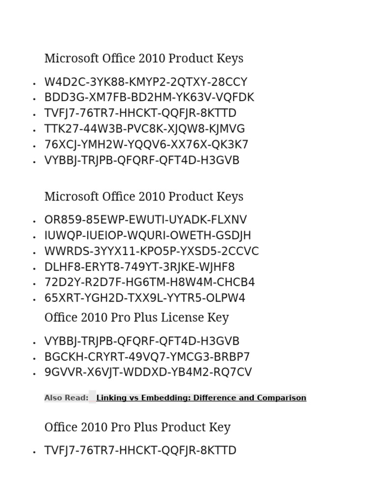Microsoft Office 2010 Product Keys List | PDF