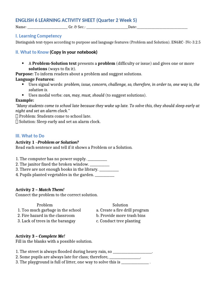 Problem-Solution Text Types Activity | PDF