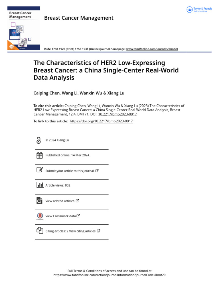 The Characteristics of HER2 Low-Expressing Breast Cancer a China Single ...