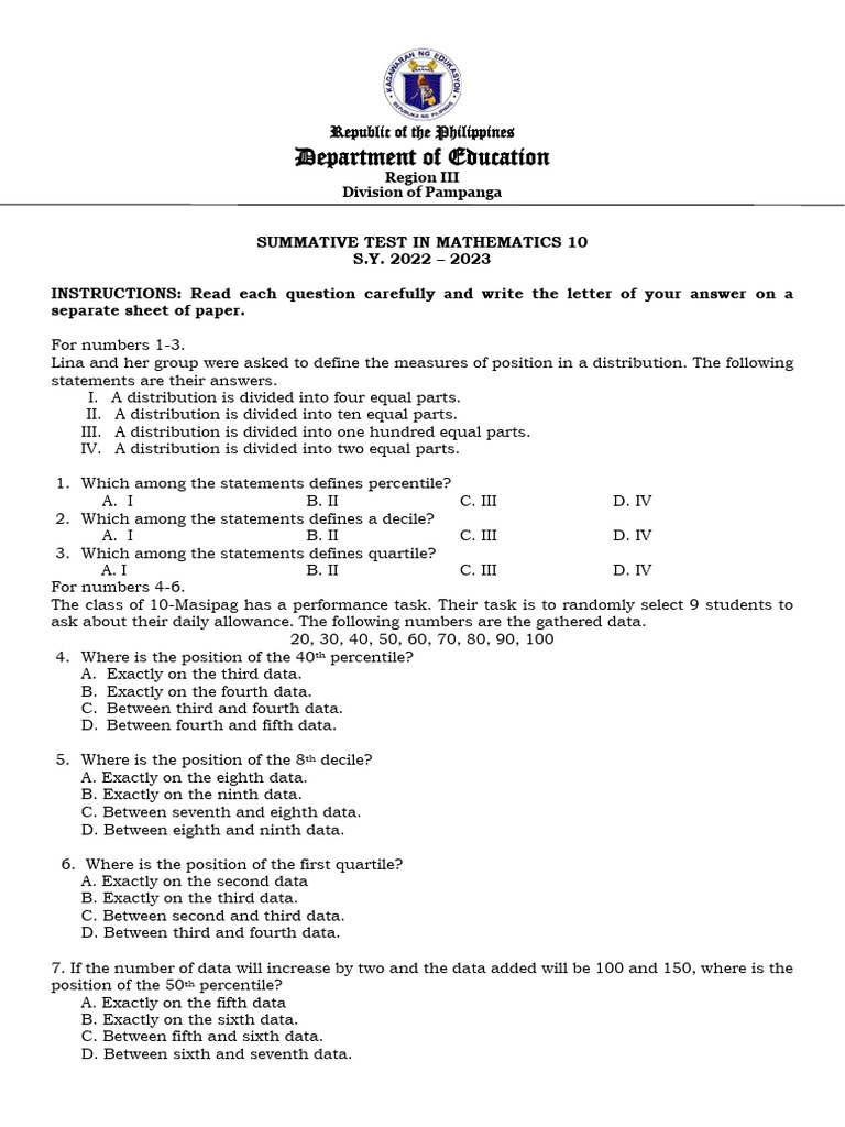 summative 10 | PDF | Percentile