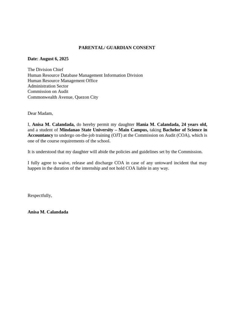 Parental Consent for Internship OJT | PDF