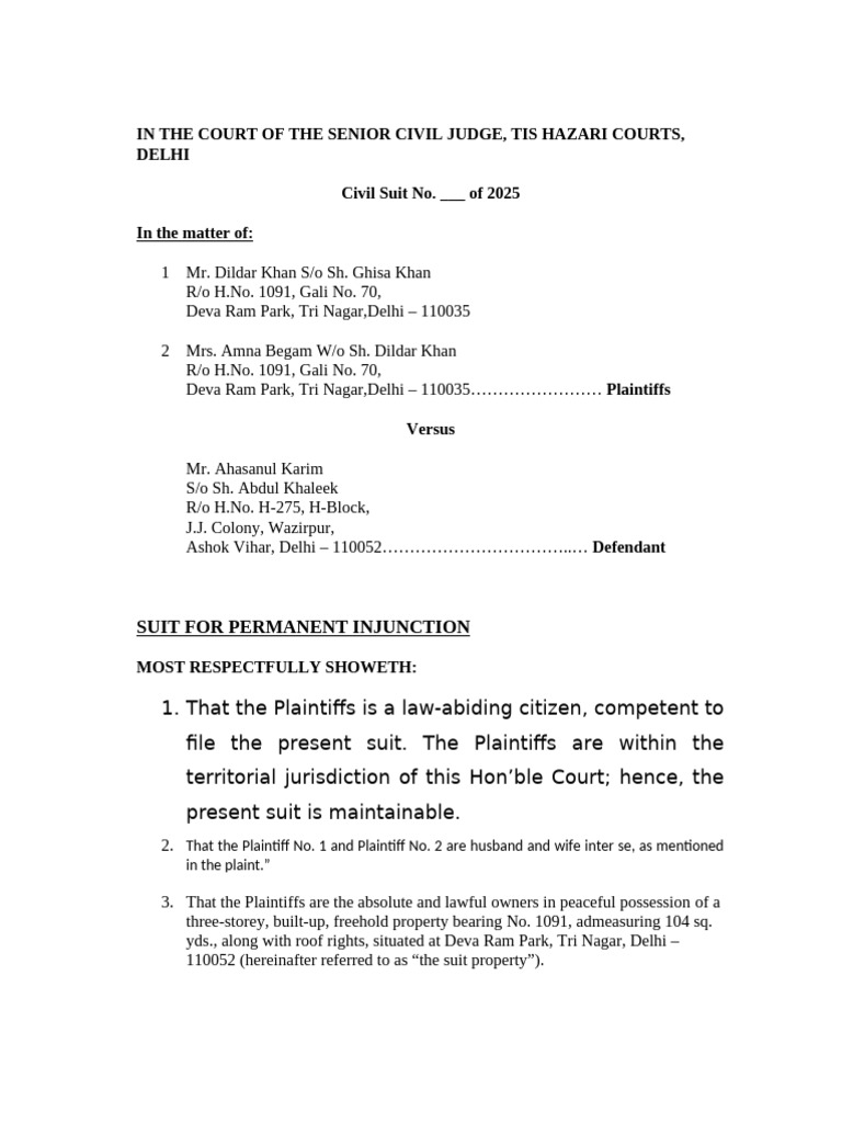 Suit Permament Injunction Amna Begum | PDF | Lawsuit | Justice