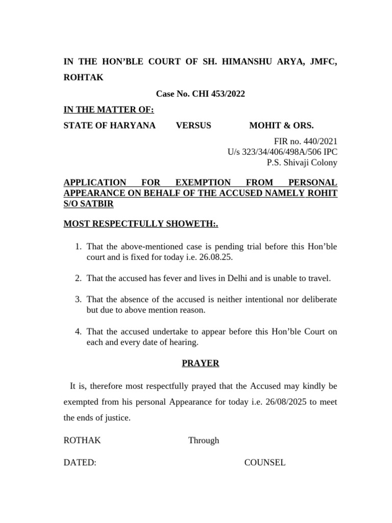 Exemption Application for Accused in Court | PDF
