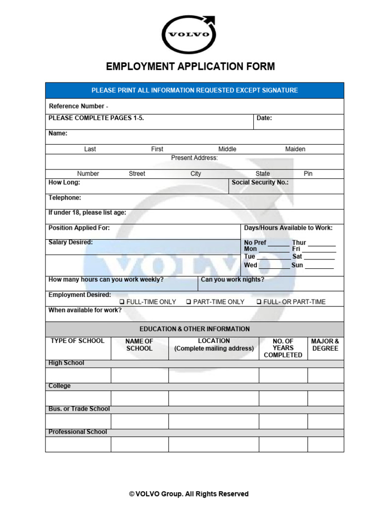Volvo Employment Application Form | PDF | Employment | At Will Employment
