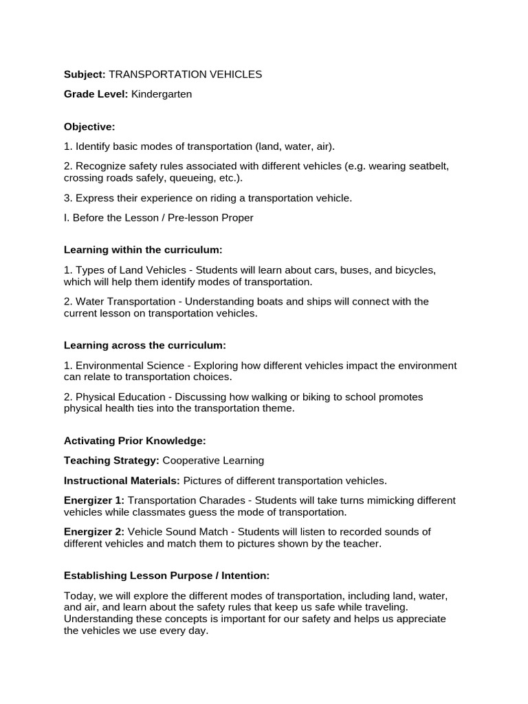 Lesson Plan Transportation Vehicles | PDF | Transport | Safety