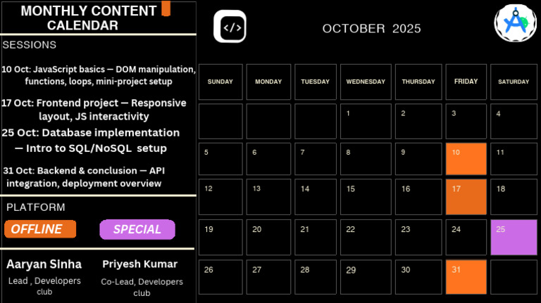 Developers Club October Calendar | PDF