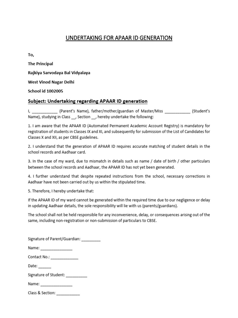 APAAR ID Generation Undertaking Form | PDF