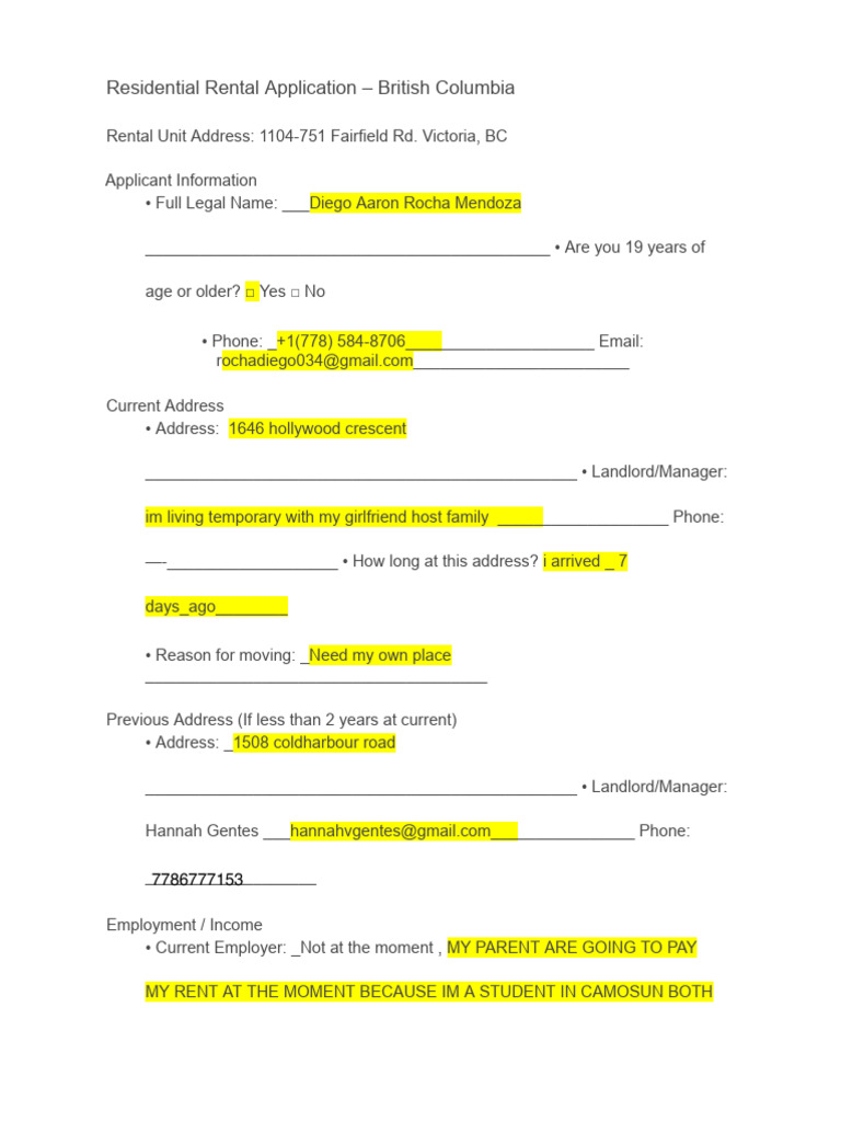 BC Residential Rental Application Form | PDF | Landlord | Social Ethics