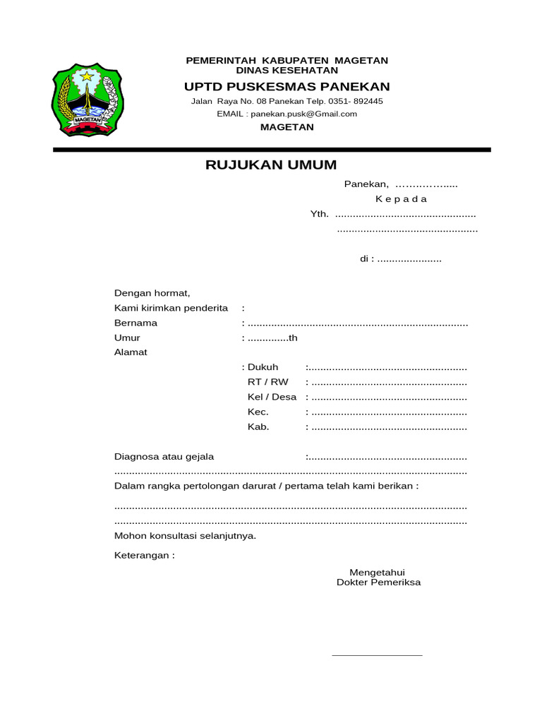 Surat Rujukan Kesehatan Puskesmas Panekan | PDF