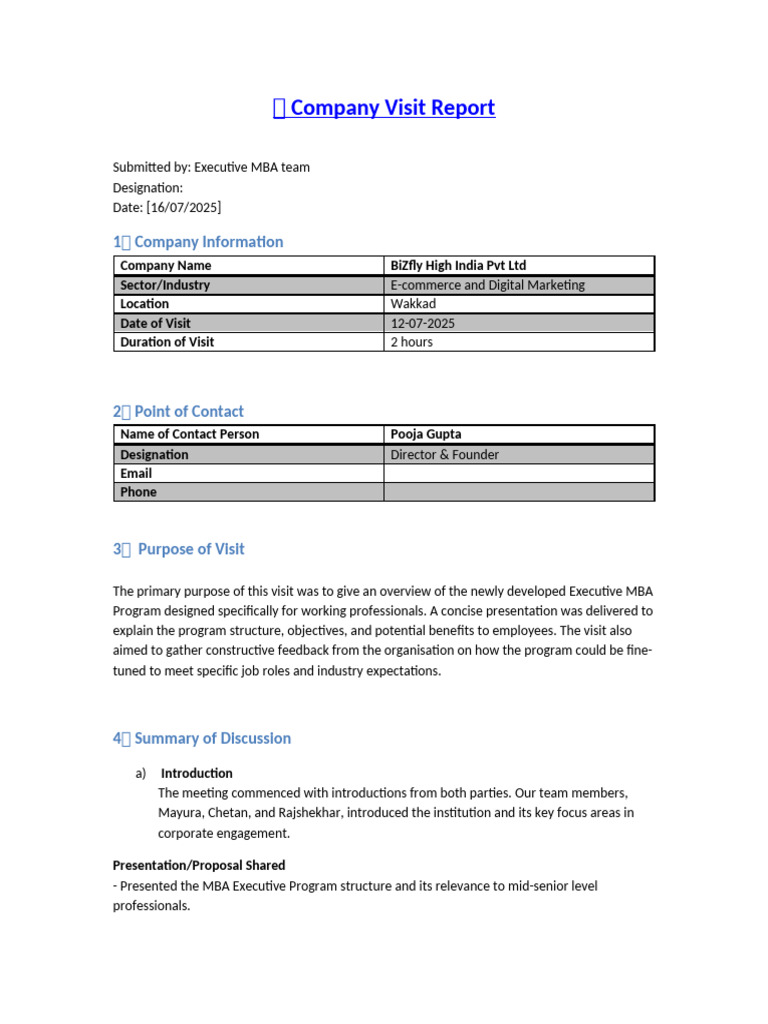BiZfly Executive MBA Visit Report | PDF | Master Of Business ...