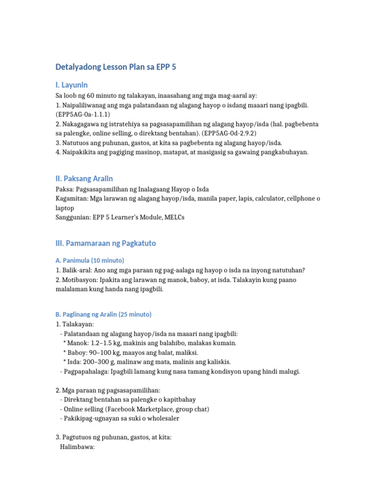 Lesson Plan EPP5 Pag-Aalaga NG Hayop | PDF
