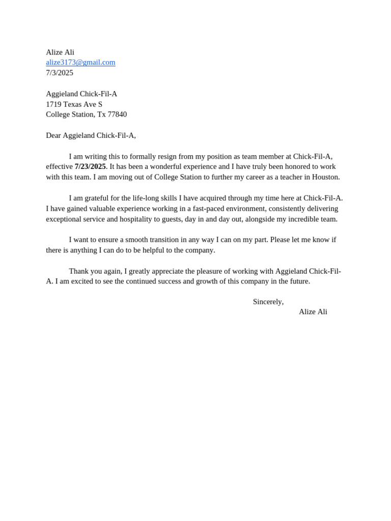Resignation Letter from Chick-Fil-A Team Member | PDF