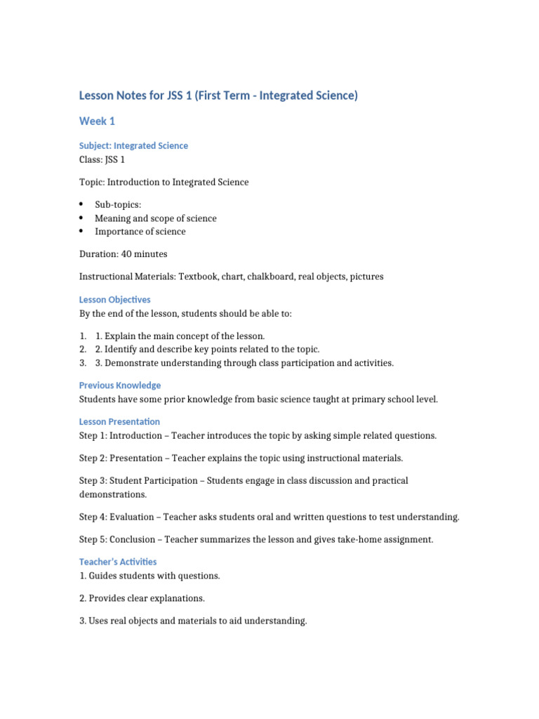 JSS 1 Integrated Science Lesson Notes | PDF | Teachers | Science