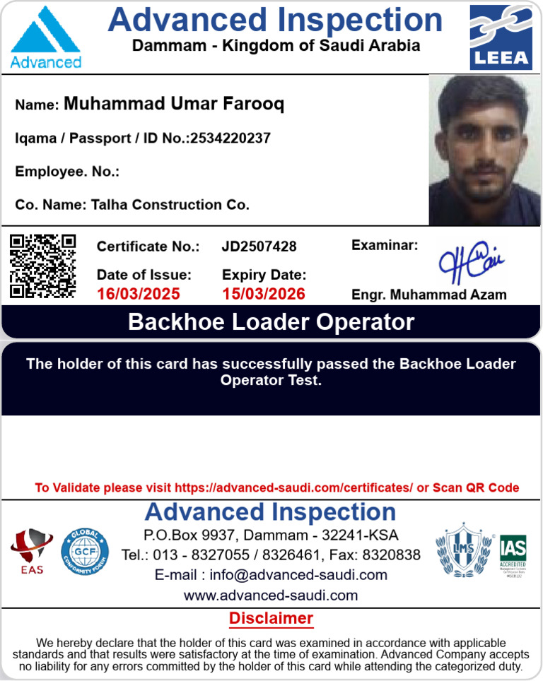 Muhammad Umar Farooq Backhoe Loader Operator | PDF