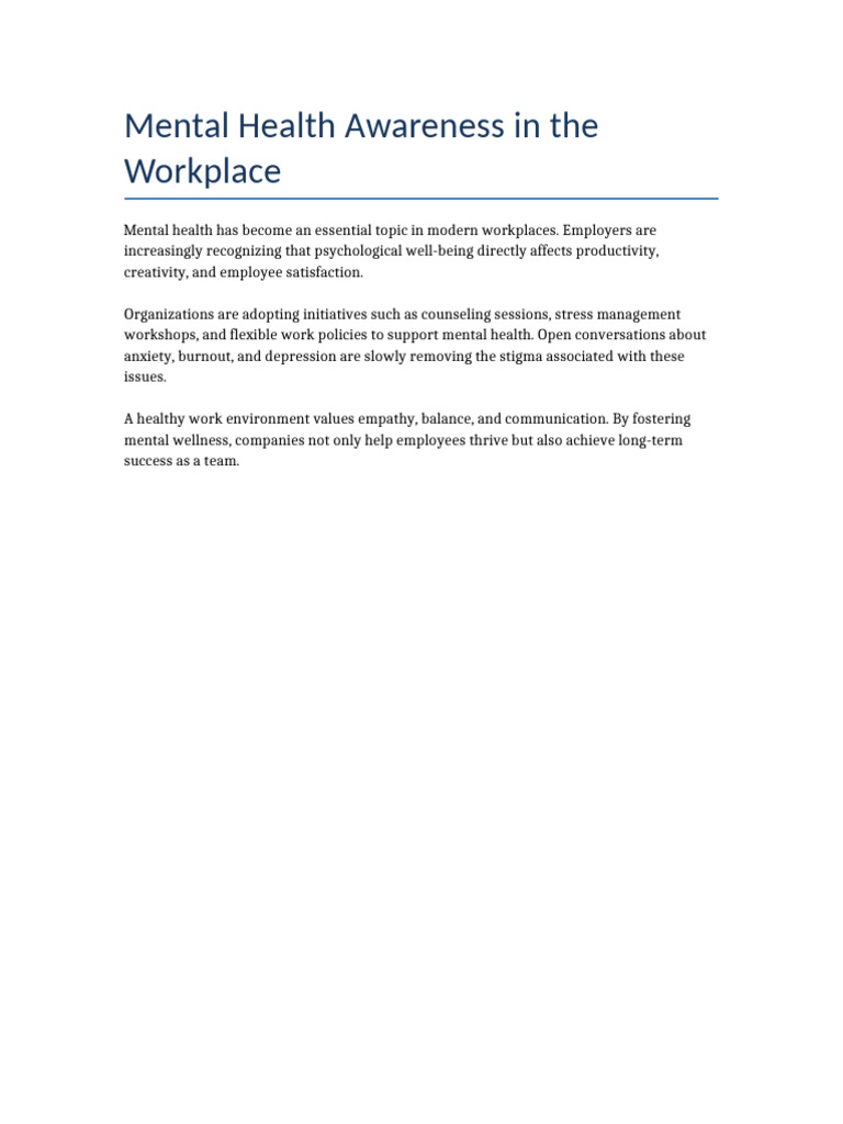Mental Health Awareness in The Workplace | PDF