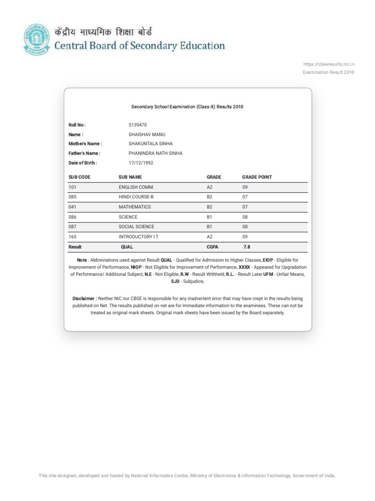CBSE Class 10 Result 2010 for Shaishav Manu | PDF | Student Assessment ...