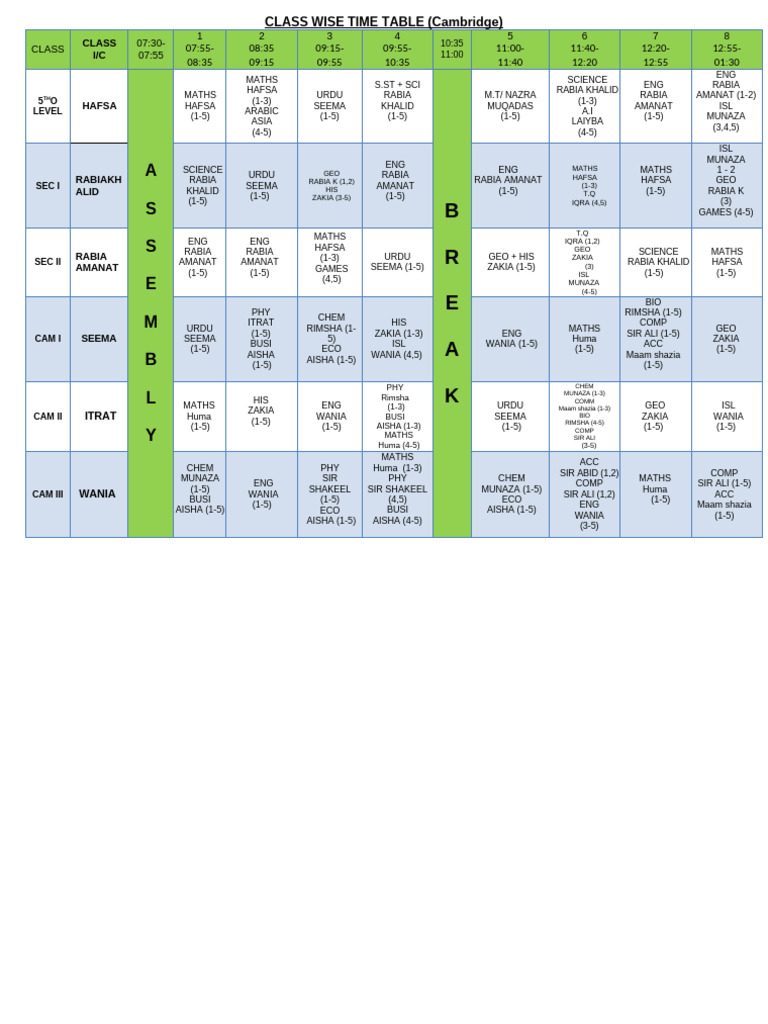 Cambridge Class Wise Time Table | PDF