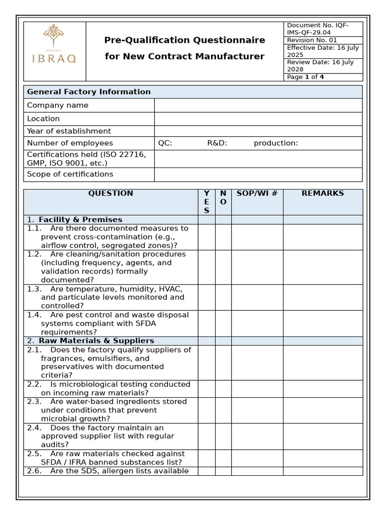 Contract Manufacturer Pre-Qualification Checklist | PDF