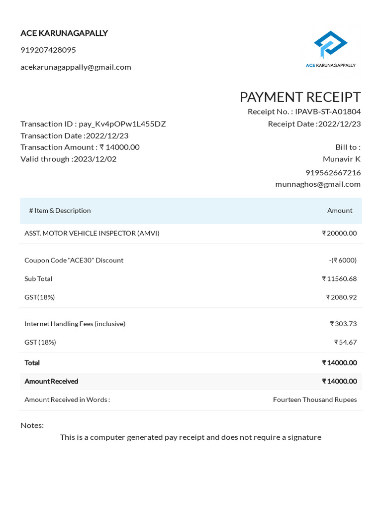 Payment Receipt for AMVI Transaction | PDF