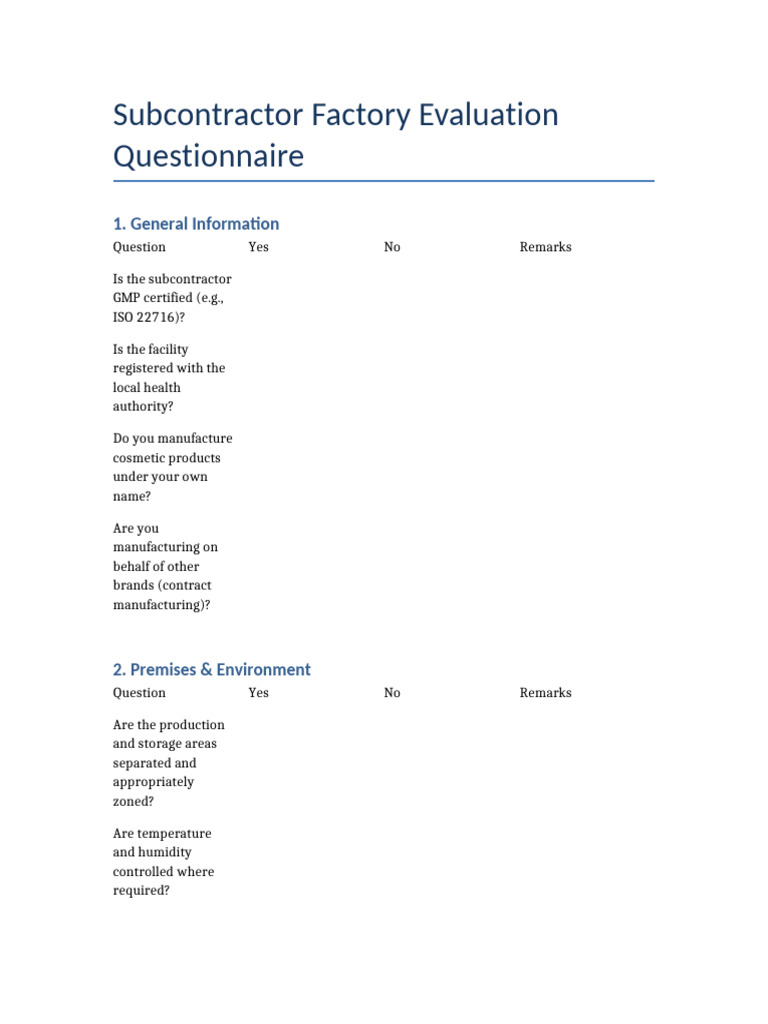 Subcontractor Factory Evaluation Questionnaire 22716 | PDF | Regulatory ...