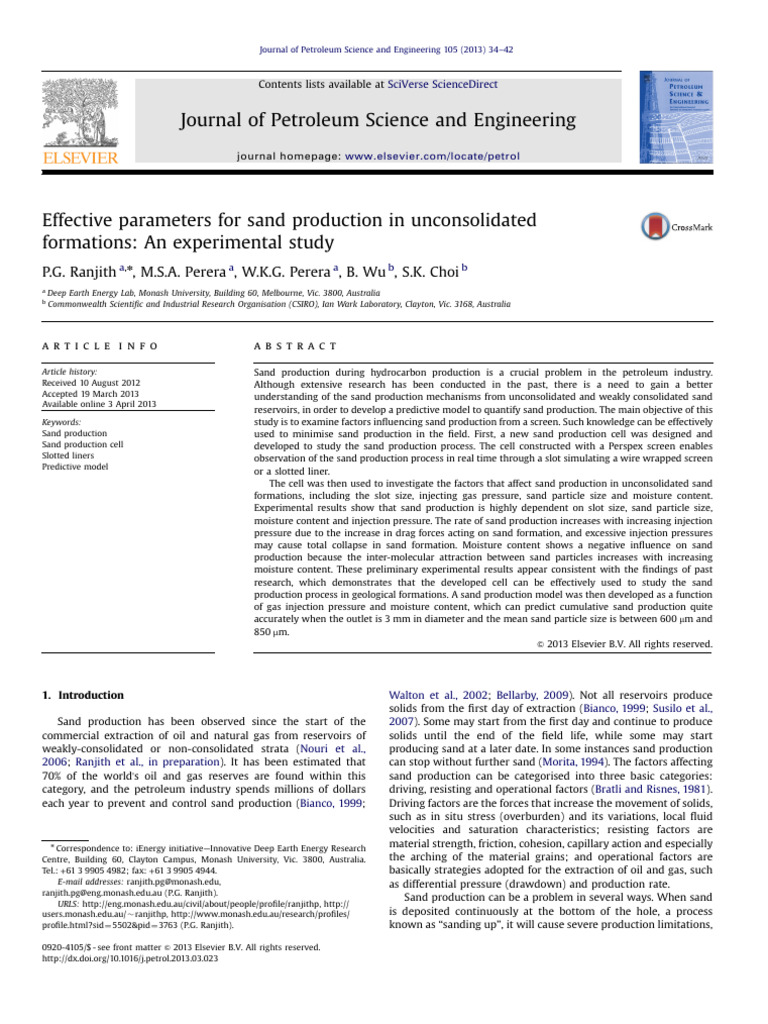 Effective Parameters For Sand Production in Unco 2013 Journal of ...