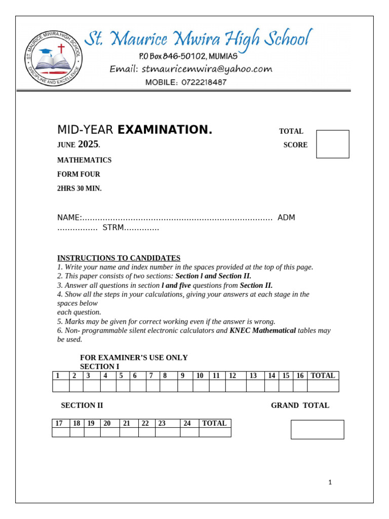 Form Four Mathematics Mid-Year Exam 2025 | PDF | Velocity | Acceleration