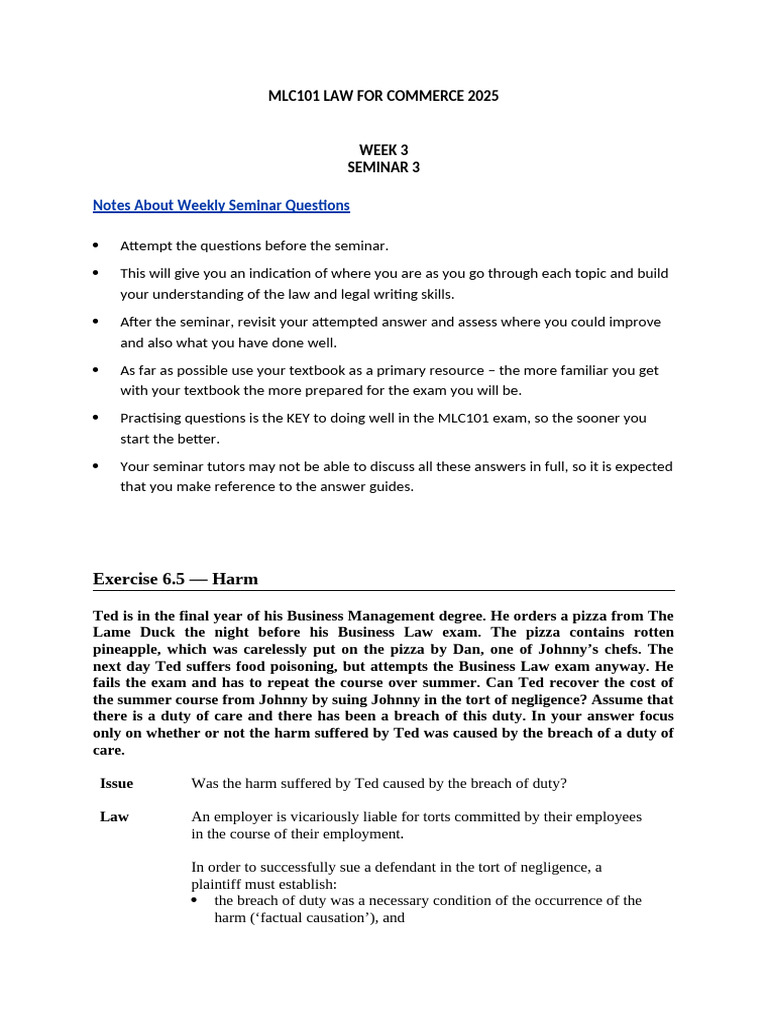MLC101 Week 3 Seminar Notes: Negligence | PDF | Legal Liability ...