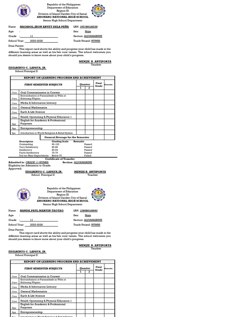Grade 11 HUMSS Report Card 2025-2026 | PDF | Teachers | Physical Education