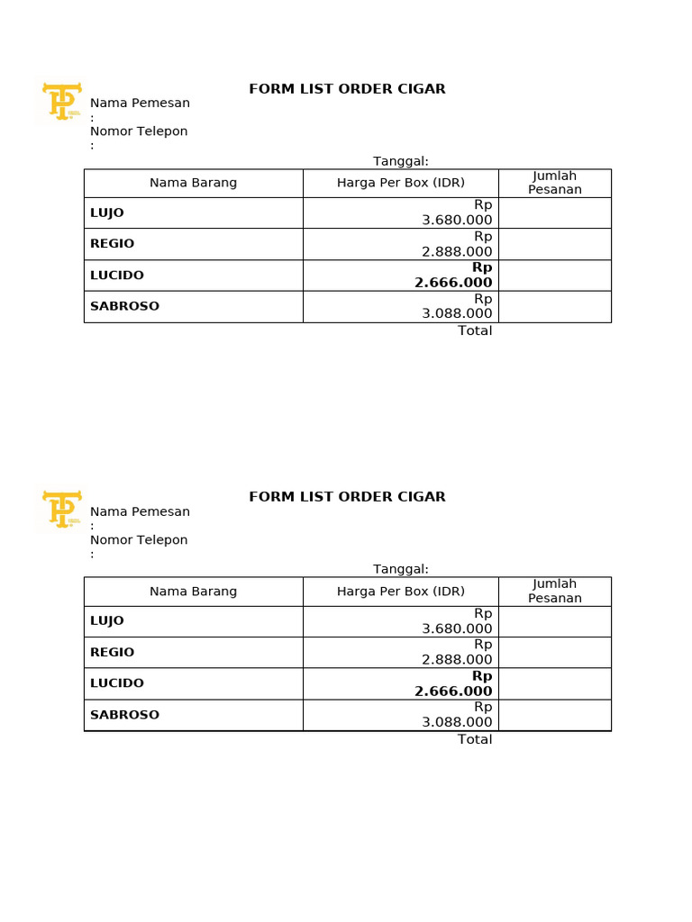 Form Order Cigar Event TGL 1 | PDF
