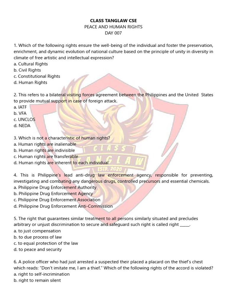 Peace and Human Rights Quiz Answers | PDF | Right To Silence | Human Rights