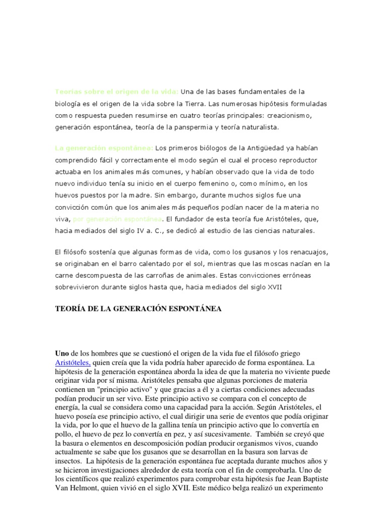 Teorías Sobre El Origen de La Vida | PDF | Abiogénesis | Naturaleza
