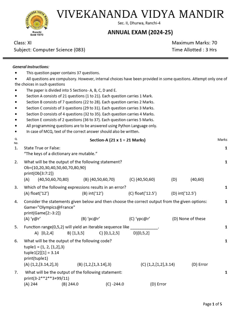 Python Programming Exam Paper 2024 | PDF | Control Flow | Computer Science