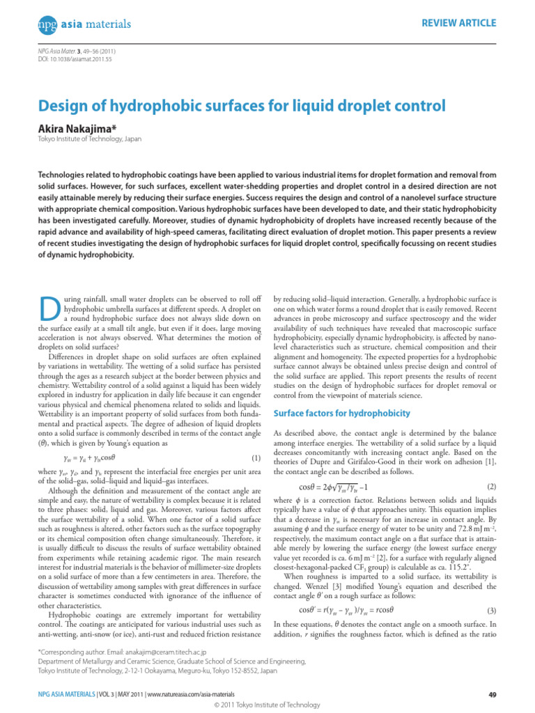 Hydrophobic Surface Design for Droplet Control | PDF | Wetting | Hydrophobe
