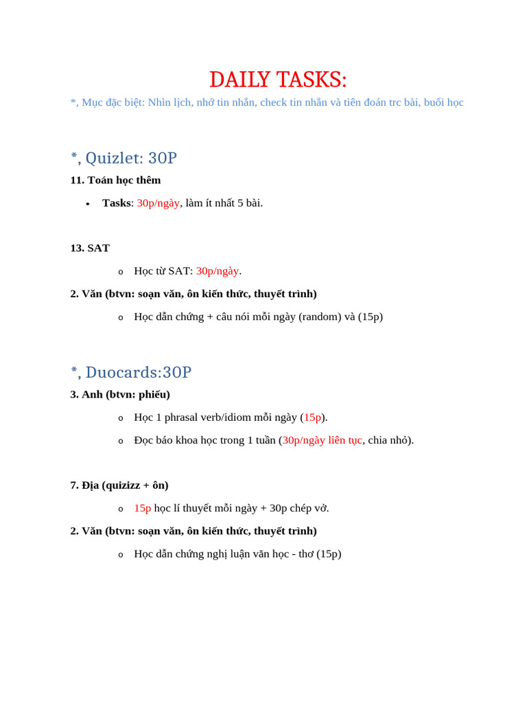 Daily Tasks | PDF