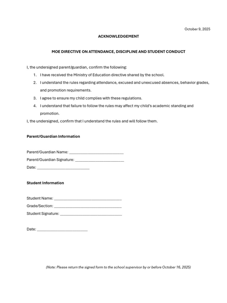 Akcnowledgment Form For Parents & Students | PDF