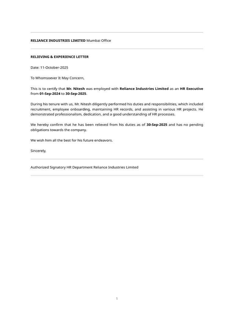 Reliance Experience Certificate for Nitesh | PDF