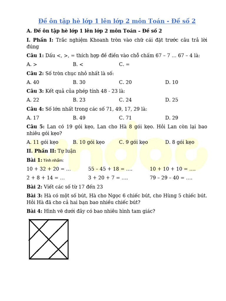 De On Tap He Lop 1 Len Lop 2 Mon Toan Nam Hoc 2019 2020 de So 2 | PDF