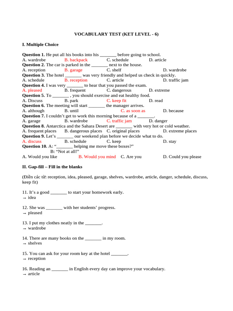 KET Level 6 Vocabulary Test Guide | PDF | Chess | Chess Theory