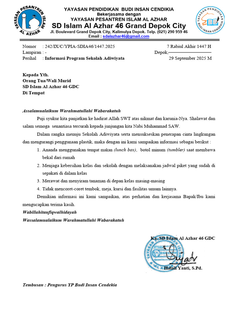 Program Sekolah Adiwiyata SD Al Azhar 46 | PDF