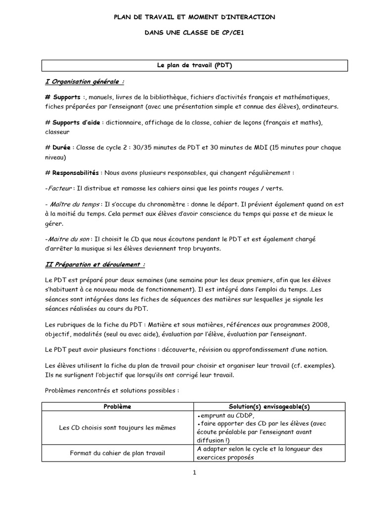 Plan de travail et interaction en classe CP/CE1 | PDF