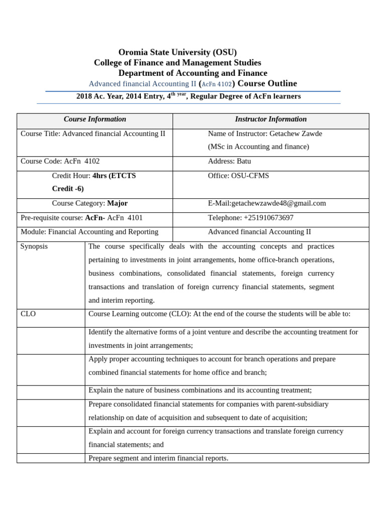 Advanced Financial Accounting II Course Outline | PDF | Mergers And ...