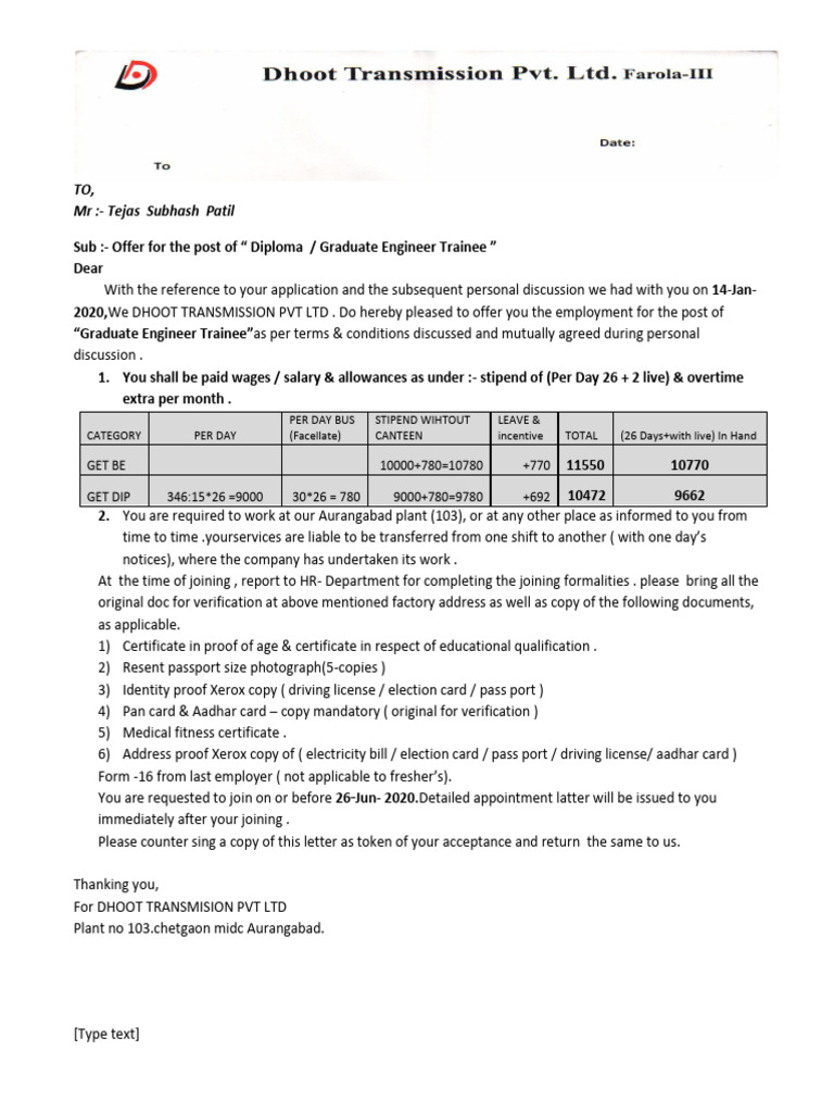 Graduate Engineer Trainee Job Offer | PDF