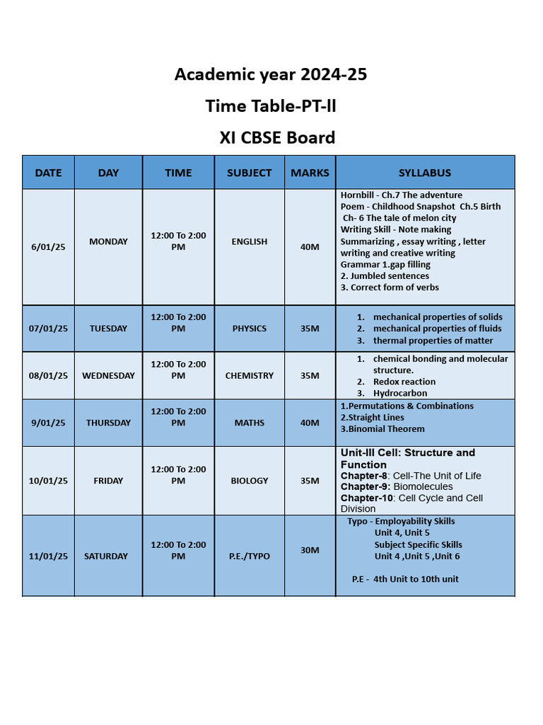 Xi Cbse Pt-2 Exam Timetable | PDF | Chemistry | Physical Sciences