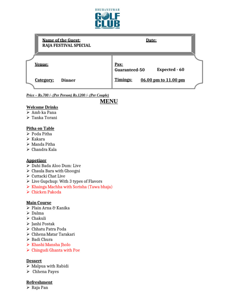 Odia Cuisine Menu for Raja Festival | PDF