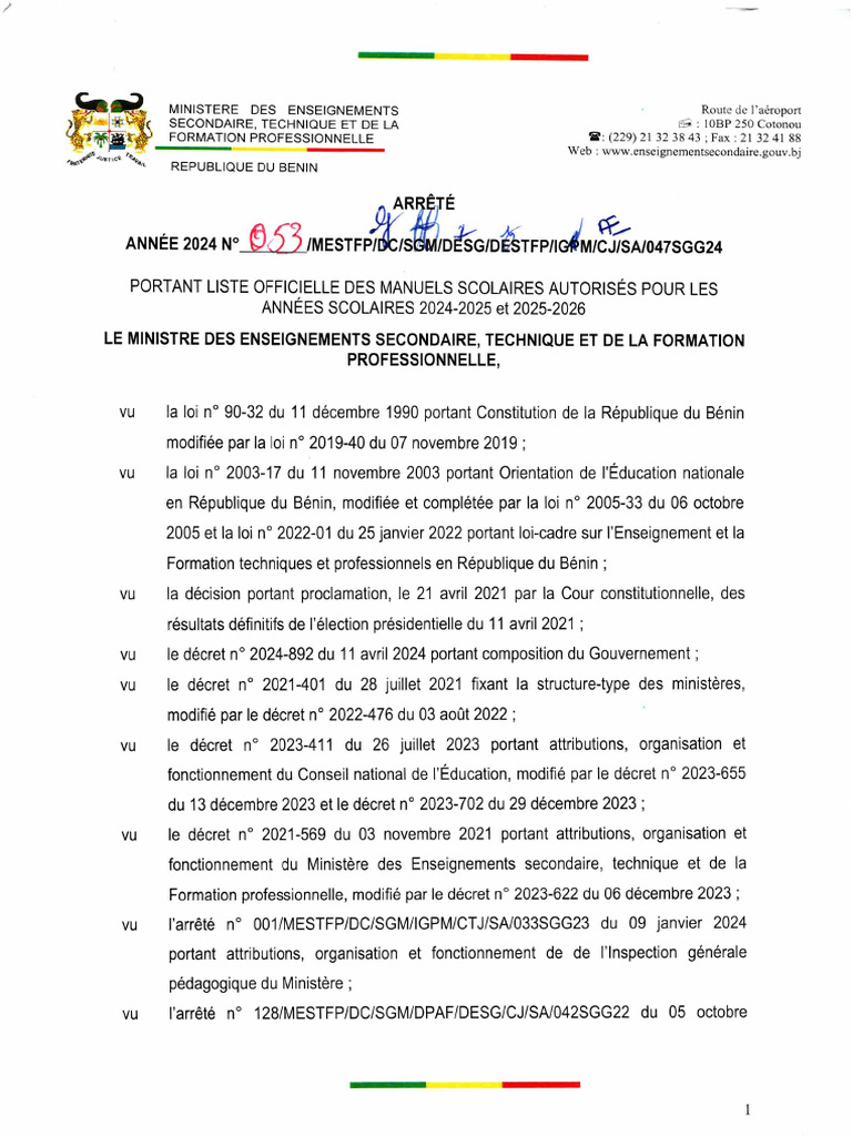 Arrete 053 ManuelsScolaires 2024-2026 | PDF